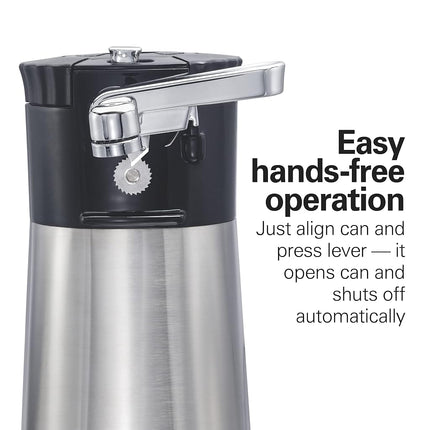 Abrelatas eléctrico automático Hamilton Beach OpenStation para cocina con multiherramienta y abridor de botellas y frascos, apagado automático, almacenamiento de cable y tecnología Sure Cut, acero inoxidable (76382FJ)