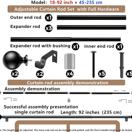 Curtain Rods 235 cm for Window 213 cm, Adjustable Length Heavy Duty Diameter 2.2 cm, Ball Finials Black