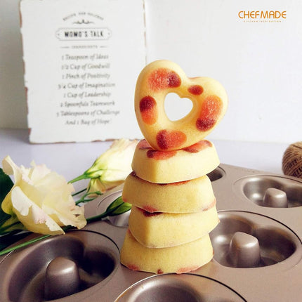 CHEFMADE Donut Mold Cake Pan, 6-Cavity Non-Stick Heart-Shaped Doughnut Bakeware, FDA Approved for Oven Baking (Champagne Gold)