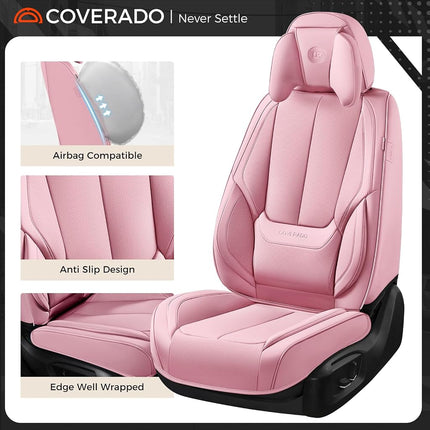Coverado Seat Covers, Car Seat Covers Front Seats, Car Seat Cover, Car Seat Protector Waterproof, Seat Cushion Nappa Leather with Head Pillow, Carseat Cover Universal Fit for Most Cars (Pink)