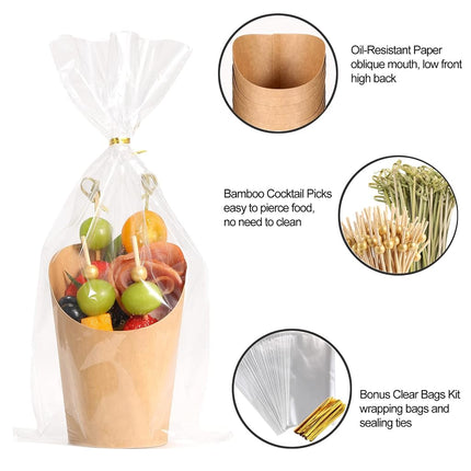 60 Sets Disposable Charcuterie Cups with Sticks and Bags 14 oz Brown Kraft