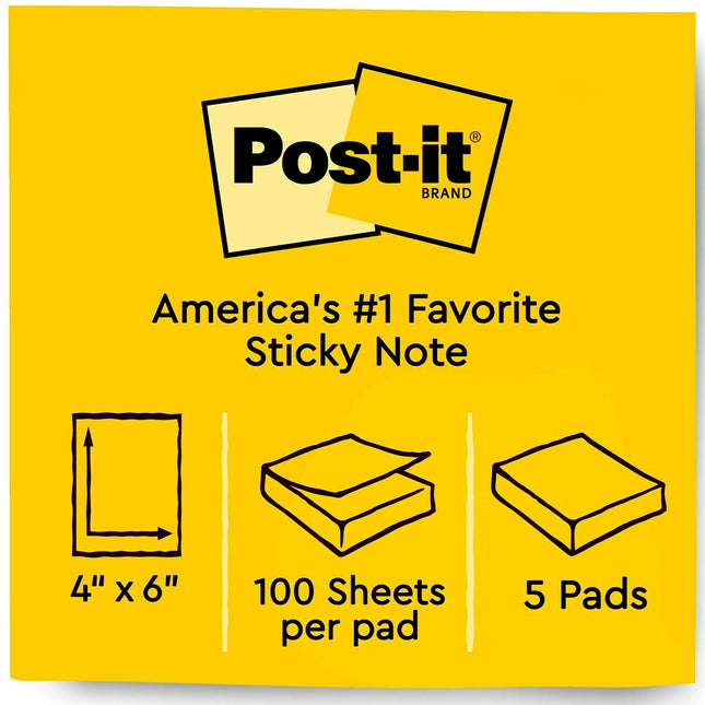 Notes Post-it, 10,2 cm x 15,2 cm, 5 blocs de notes autocollantes lignées, 100 feuilles par bloc, Jaune Canari, Les notes Post-it originales, Fournitures scolaires et de bureau