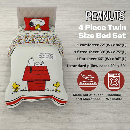 Franco Comforter and Sheet Set, Microfiber, Red-Peanuts-Snoopy, 4 Piece Twin Size