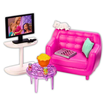 Barbie Indoor Furniture Playset, Living Room Includes Kitten, Furniture and Accessories for Movie and Game Night