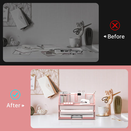 SUPEASY 3 Tier Desk Organizer with Handle & 3 Pen Holders, Mesh Paper/File Organizer for Desk, Paper Letter Tray Organizer for Office Supplies (Cute Pink)