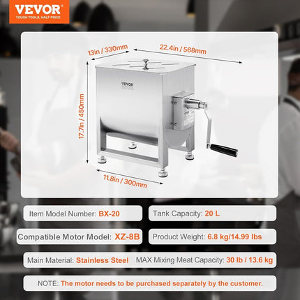 VEVOR Manual Meat Mixer, 30 Pound Capacity Tank Meat Processing Equipment, Stainless Steel Meat Mixer, Sausage Mixer Machine with Lid and Handle, Ground Beef Hand Mixer, Silver
