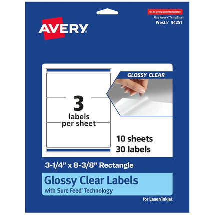 Avery Glossy Clear Rectangle Labels with Sure Feed, 3-1/4" x 8-3/8", 30 Glossy Clear Labels, Laser/Inkjet Printable Labels