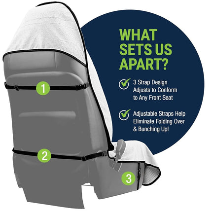 Season Guard Terry Cloth Sweat Towel Seat Cover; Carseat Towel Protector; Great for Gym Workout; Waterproof; Universal Fit for Car SUV Van Truck; EZ fit; Non Slip Grip; Machine Washable; 2pc White