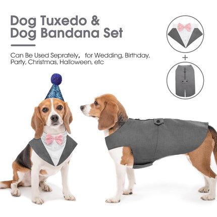 Kuoser Dog Tuxedo Dog Suit and Bandana Set, Dogs Tuxedo Wedding Party Suit, Doggy Prince Bow Tie Shirt Formal Pet Wedding Attire for Large Medium and Small Dogs Golden Retriever Samo Bulldogs