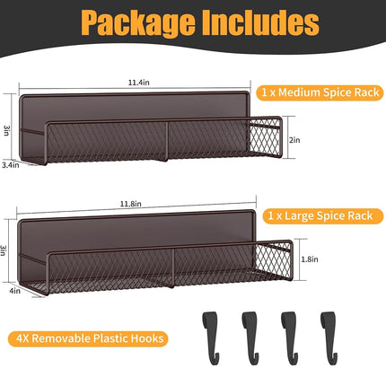 Magnetic Spice Rack for Refrigerator, 2 Pack 100% Metal Strong Magnet Shelf, Space Saving Spice Organizer W/ Hooks, Movable Magnetic Fridge Shelf, Kitchen Home Laundry Room Storage Organization, Brown