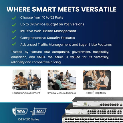 D-Link DGS-1210-10MP 10-Port Gigabit Smart Managed PoE Switch with 2 Gigabit SFP Ports, 130 W Power Budget, Enhanced L2 Switching and Security