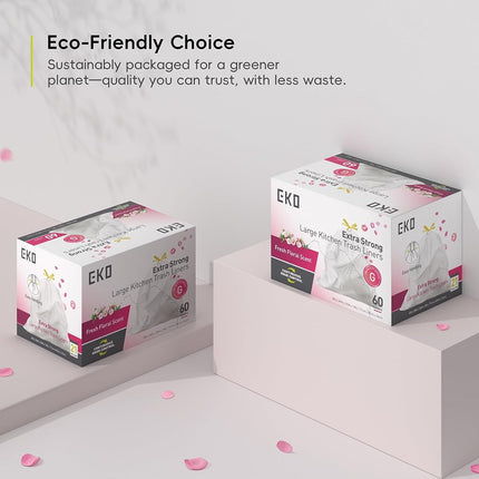 EKO Extra Strong 21 Gallon Large Trash Bags, Heavy-Duty Drawstring Kitchen & Household Garbage Bags (80L), Leak-Resistant, Fresh Floral Scent, Continuous Odor Control, 60 Count, Code G