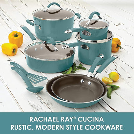 Rachael Ray Set de sartenes antiadherentes de esmalte duro - 23 cm y 28 cm, aptas para lavavajillas, azul