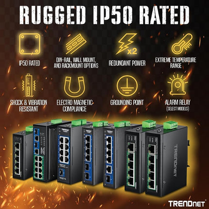 TRENDnet 8-Port Industrial Fast Ethernet PoE+ DIN-Rail Switch, TI-PE80, 8 x Fast Ethernet PoE+ Ports, IP30 Network Unmanaged Switch, 200W PoE Power Budget, 1.6 Gbps Switching Capacity