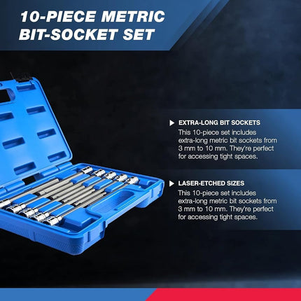 NEIKO 10077A 3/8” Drive Metric Extra Long Allen Hex Bit Socket Set | 10 Pieces | Sizes 3mm – 10mm | Shaft Length 6” | Premium S2 Steel Bits | Heavy Duty Cr-V Sockets | Exceeds ANSI Standards