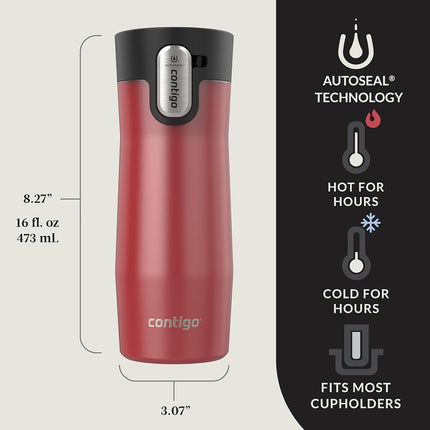 Contigo AUTOSEAL West Loop Taza de viaje de acero inoxidable con aislamiento al vacío y tapa de fácil limpieza, 470 ml, 2 unidades, Baya de Goji, Perla Escarchada, Sal, Perla Escarchada