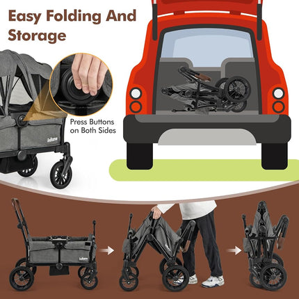 INFANS Wagon Stroller for 2 Kids, Collapsible Adjustable Push Pull Handle Bar, 2 Seater Stroller Wagon with Removable Canopy Snack Tray, Comfortable Drop-Down footwell and Upholstered Seats (Grey)