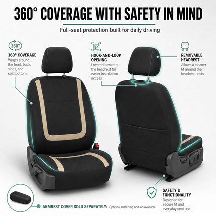 FH Group Car Seat Covers Front Set in Cloth -Car SeatCovers for Low Back Car Seats with Removable Headrest,Universal Fit,Automotive SeatCovers,Washable Car SeatCover for SUV,Sedan,Van Beige