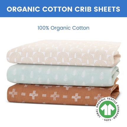 Delta Children Fitted Crib Sheets for Girls and Boys - 100% Organic Cotton Crib Sheet for Standard Crib and Toddler Mattresses - 28x52 Inch - GOTS Certified (Pack of 3), Neutral Boho