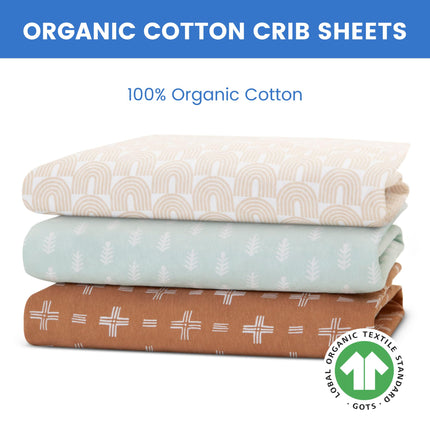 Sábanas Ajustables para Cuna Delta Children para Niñas y Niños - Sábana de Cuna 100% Algodón Orgánico para Cunas Estándar y Colchones para Niños Pequeños - 71x132 cm - Certificación GOTS (Paquete de 3), Boho Neutro