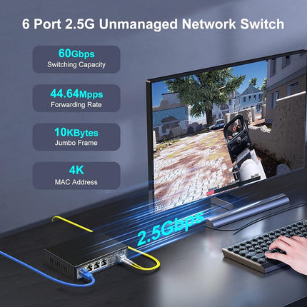 6 Port 2.5G Unmanaged Switch with 2x10G SFP, 4X 2.5Gbase-T Ports, 2X 10G SFP+ Port, 60Gbps Switching Capacity, IEEE802.3, Metal Housing,Work for 2.5Gbps NAS, Wireless AP & PC