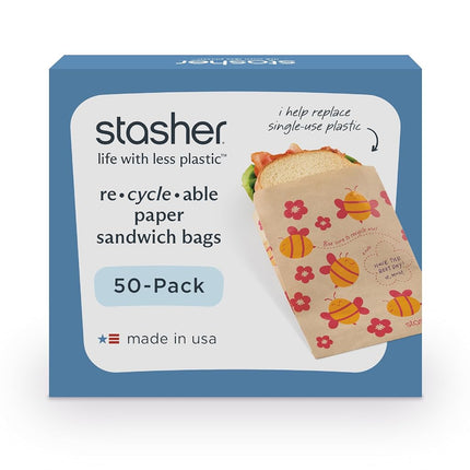 Stasher Recyclable Sealable Paper Snack Bags for Kids Lunch, 50 ct, Bee