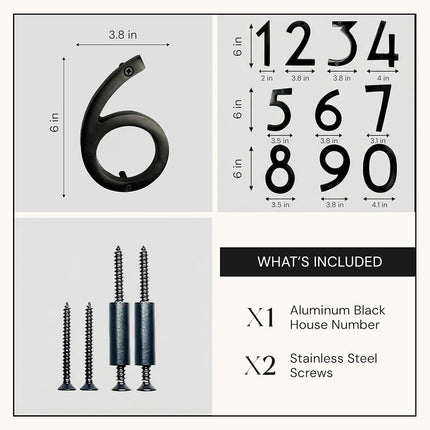 NACH Floating House Numbers, 6 inch Aluminum Black House Numbers for Outside - Number 6, Door Numbers with Mounting Hardware