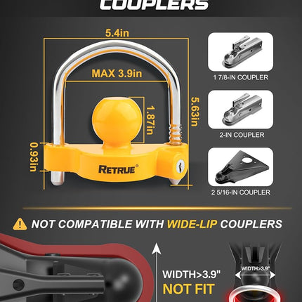RETRUE Universal Coupler Lock Trailer Locks Ball Hitch Trailer Hitch Lock Adjustable Security Heavy-Duty Steel Fits 1-7/8 Inch, 2 Inch, 2-5/16 Inch Couplers Lightweight(Pack of 2) …