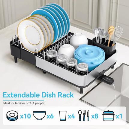 Urackify Foldable Dish Drying Rack, Expandable 304 Stainless Steel Dish Drainer with Removable Cutlery Holder, Space-Saving Dish Rack for Kitchen Counter, Black
