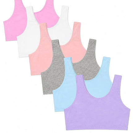 Fruit of the Loom Girls' Multi Cotton Built-Up Stretch Sports Bra Available in 6 Packs, Hyacinth/Eyeshadow/Grey Heather/White/Lilac/Blushing Rose, 30