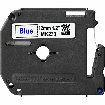 Cartucho de cinta Brother de 1,27 cm de ancho, no laminado, azul sobre blanco (MK233) - Embalaje minorista