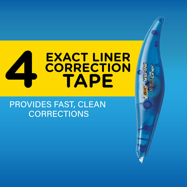 Ruban correcteur Bic Wite-Out Exact Liner, 6 m, paquet de 4 rubans correcteurs blancs, ruban résistant aux déchirures rapide, propre et facile à utiliser, fournitures de bureau ou scolaires