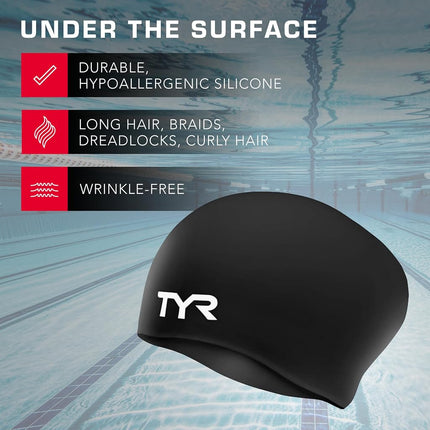 TYR Unisex Adult Long Hair Silicone Swim Cap - Black, Medium