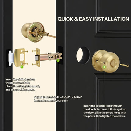 LOQRON Brushed Gold Flat Ball Door Knob with Lock, Keyless Privacy Round Design Doorknob for Bathrooms/Bedrooms, Satin Brass Finish