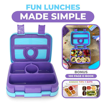 kinsho Bento Lunch Box for Kids Toddlers, 4 Portion Sections Secure Lid, Microwave Safe BPA Free Removable Tray, Pre-School Kid Daycare Lunches Snack Container Ages 3 to 5 Blue Purple