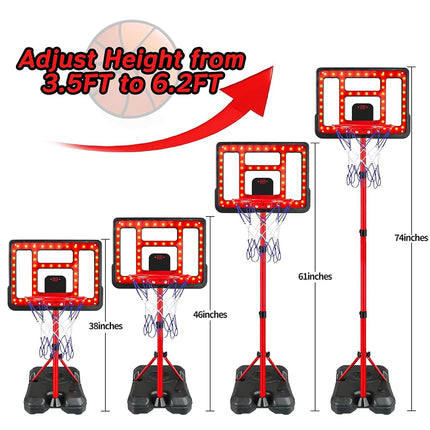 Kids Basketball Hoop Adjustable Height 3.5FT-6.2FT, Indoor Outdoor Toddler Basketball Hoop with LED Scoreboard, Boys Basketball Toy for 3 4 5 6 7 8 Years Gift, Portable Basketball Goals Sport Game
