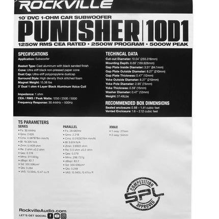 Subwoofer de audio para coche de competición Rockville Punisher 10D1 de 10", 5000 W de pico, doble de 1 ohmio, 1250 W RMS con clasificación CEA