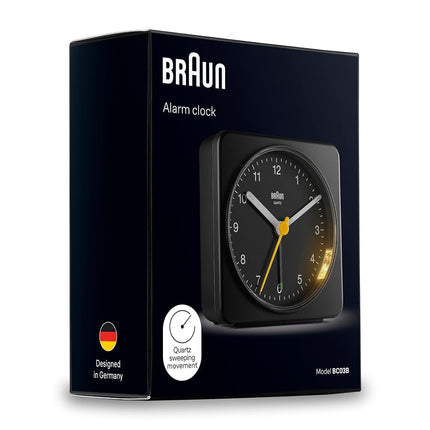 Braun Classic Analogue Alarm Clock with Snooze and Light, Quiet Quartz Sweeping Movement, Crescendo Beep Alarm in Black, model BC03B.