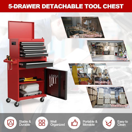 Goplus Rolling Tool Chest, 5 Drawers Tool Storage Cabinet with Universal Lockable Wheels, Detachable Top Toolbox, Lock Bar, Protective Liner, Heavy Duty Metal Tool Cart, Tool Box for Workshop Garage