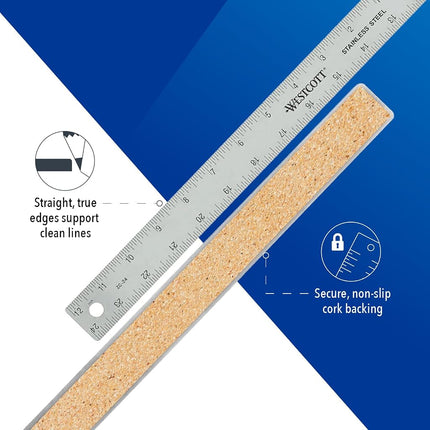 Westcott Stainless Steel Ruler Set with Flexible Design, Non-Slip Cork Base, for Crafting, Office, Classroom, Back to School Supplies, Includes 6-, 12-, & 15-inch Rulers, 3 Pack