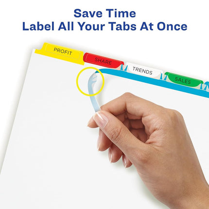 Avery 5 Tab Dividers for 3 Ring Binder, Easy Print & Apply Clear Label Strip, Index Maker Customizable Multicolor Tabs, 25 Sets (11423)