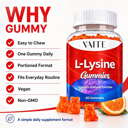 L Lysine 1000mg Gummies – Chewable Non-GMO Supplement, Plant-Based Amino Acid Formula, Gelatin Free, Gluten Free, Soy-Free, Complex Supplements, 60 Vegan Chewables for Adults