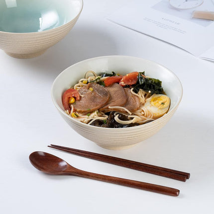 HOKELER Ceramic Japanese Ramen Bowl Set, 2 Sets Asian Pho Udon Soup Noodle Bowls with Spoons and Chopsticks (Green, 8 inches)