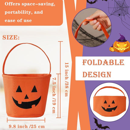 Halloween Bucket Halloween Basket for Kids, Trick or Treat Bags with Embroidery Foldable Halloween Candy Bucket Pumpkin Bucket Basket with Handle for Halloween Party Decorations, (Orange)