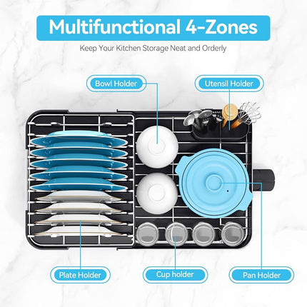 Urackify Foldable Dish Drying Rack, Expandable 304 Stainless Steel Dish Drainer with Removable Cutlery Holder, Space-Saving Dish Rack for Kitchen Counter, Black