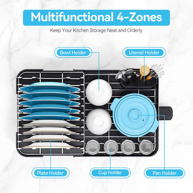 Estante plegable para secar platos Urackify, escurridor de platos extensible de acero inoxidable 304 con soporte para cubiertos extraíble, escurridor de platos que ahorra espacio para encimera de cocina, negro