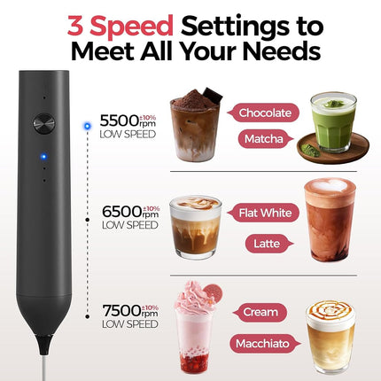 YARRAMATE Electric Milk Frother Wand with Stainless Steel Whisk and Stand, Fast Rechargeable Coffee Mixer with 3 Speeds, Handheld Drink Stirrer, Whisk Foam Maker for Lattes, Cappuccino, Matcha (Black)