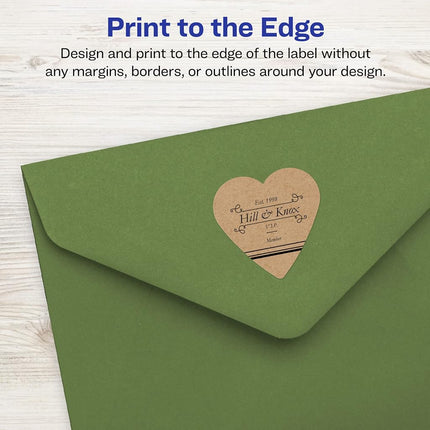 Etiquetas de corazón de papel kraft marrón Avery con Sure Feed, 1.5" x 1.5", 1,000 etiquetas de papel kraft marrón, impresión hasta el borde, etiquetas imprimibles con láser/inyección de tinta