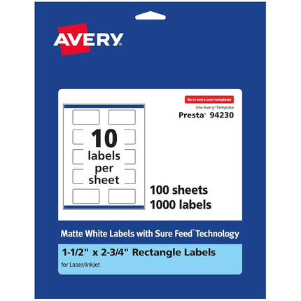 Avery Matte White Rectangle Labels with Sure Feed, 1.5" x 2.75", 1,000 Matte White Printable Labels