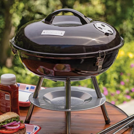 Cuisinart Parrilla de carbón portátil de 14", parrilla pequeña de mesa para exteriores con tapa con cierre y ventilaciones dobles, barbacoa cromada de tamaño de viaje, perfecta para acampar, portones traseros, parrilladas, color negro